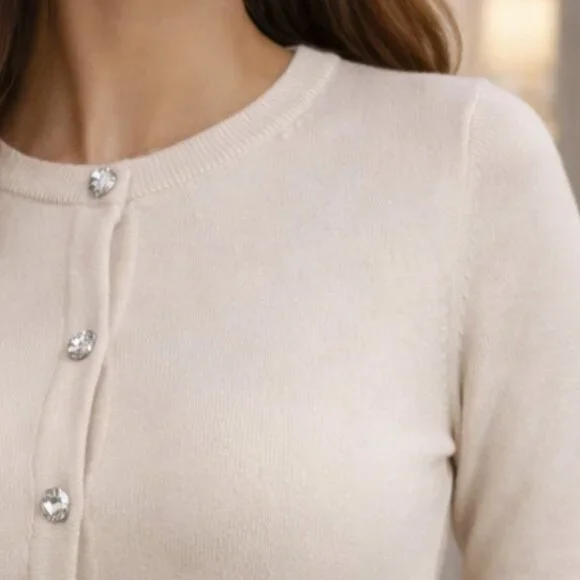 NWT Wool Blend Premium Quality Cream Sweater Cardigan With Rhinestone Buttons - Picture 3 of 9